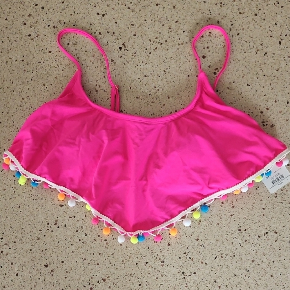 NWT SO Pink Bikini Top with Colorful Pom Poms